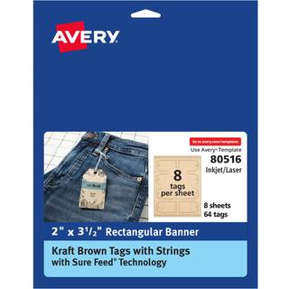Avery Kraft Brown Banner -tags med sikker feed -teknologi 2 """" X 3.5 """" Laser/Inkjet 64 Printbare tags med strenge inkluderet også Great til gave