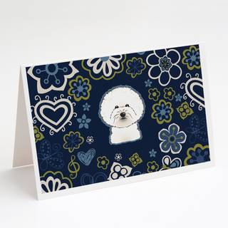 Blue Flowers Bichon Frize lykønskningskort og konvolutter pakning af 8