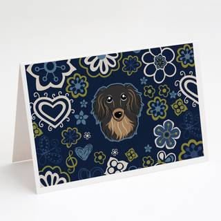 Blue Flowers Longhair Black and Tan Dachshund lykønskningskort og konvolutter Pack of 8