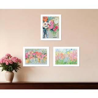 S?t med tre haveblomster hvid indrammet printv?gskunst