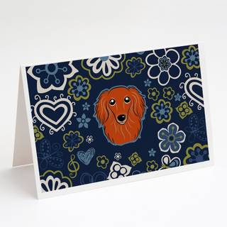 Blue Flowers Longhair Red Dachshund lykønskningskort og konvolutter pakning af 8