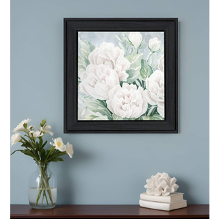 Fredelige pioner i fuld blomst sort indrammet printv?gskunst