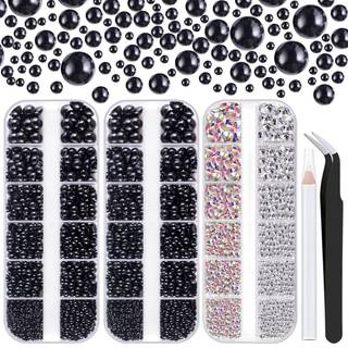 4000pcs fladback rhinestones og halv runde perler s?t #12 multi st?rrelse glasklare & ab krystaller plast flad ryg sort kuppel perle med pickup b