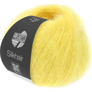 Lana Grossa Silkhair 158 Gul Indhold: 70% mohair, 30% silke Vægt/Længde: 25 g = ca. 210 meter Anbefalede pinde: 4.50-5.00 mm Strikkefasthed: 10 x 10 cm = 22 m x 27 p Vask:Håndvask / Tørres fladt.