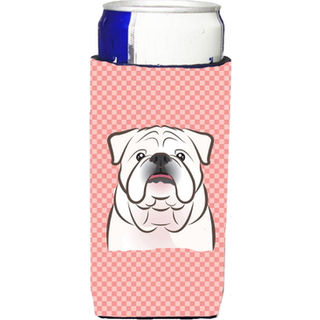 Checkerboard Pink White English Bulldog Ultra Beverage Isulators til slanke dåser