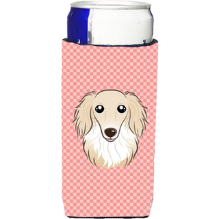 Checkerboard Pink Longhair Creme Dachshund Ultra Beverage Isulators til slanke dåser