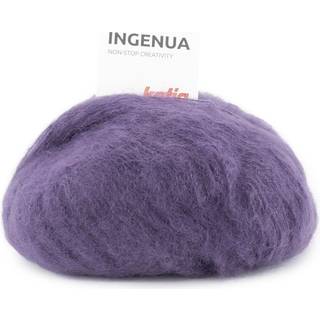 Katia Ingenua 88 Mørkelilla Indhold:78% mohair, 13% polyamid, 9% merinould Vægt/længde:50 g = 140 meter Anbefalede pinde:5-5.5mm Strikkefasthed:10 cm x 10 cm = 16 m x 20 r Vask:Finvask 30º / Tåler ikke tørretumbling.