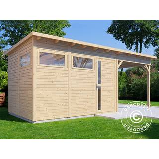 Redskabsskur Redskabsrum Haveskur i træ m/udhæng, Bertilo Pentus 3L, 5,58x2,34x2,33m, 7,65m²+5,15m², Natur