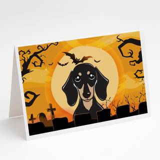 Halloween glat sort og solbrun dachshund lykønskningskort og konvolutter pakning af 8