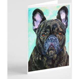 Fransk bulldog ser på dig lykønskningskort og konvolutter pakning på 8