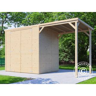 Redskabsskur Redskabsrum Haveskur i træ m/udhæng, Bertilo Cubico 2Plus, 3,73x1,57x2,08m, 2,43m² + 3,37m², Natur
