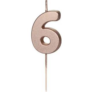 1 stk. Fødselsdagslys nummer 6 i rosaguld på træpind, talhøjde ca. 4,5 cm, totalhøjde ca. 9 cm