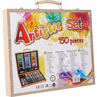 Tegnekuffert i træ med 150 dele til tegning, maling og kreative hobbyer