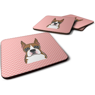 """" Caroline's Treasures BB1223FC Checkerboard Pink Boxer Foam Coaster (Sæt på 4) 3,5 """" ""H X 3,5"" """" W Multicolor """"