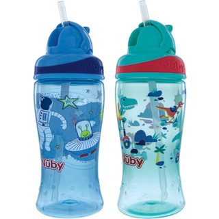 Nuby 2-pakket t?rstige b?rn no-spill flip-it trykt boost cup med tyndt bl?dt halm-12 oz 18+ m?neder 2-pack bl? astronaut & Aqua Mountain