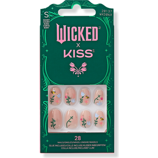 WICKED X KISS Tryk p? negle ?her er Joy Neutral Kort Oval Vandt?t Chip Proof Smudge Proof 28 falske negle Pink Gel neglelim (2g) Mini neglefil &