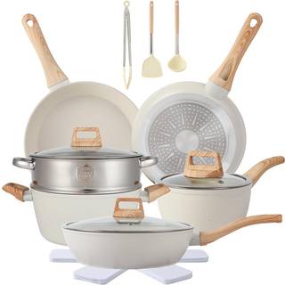 16st krukor och kokkärlsuppsättning non stick cookware set nonstick med matlagning (vita 16pieces)