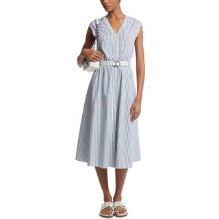 MK Striped Cotton Poplin Belted Midi Dress - Blue - Michael Kors - L