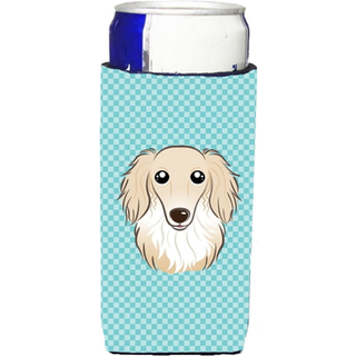 Checkerboard Blue Longhair Creme Dachshund Ultra Beverage Isulators til slanke dåser
