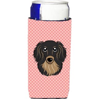 Checkerboard Pink Longhair Dachshund Ultra Beverage Isolators til slanke dåser