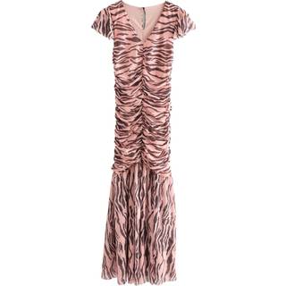 Next Pink and Black Zebra Print Flutter Sleeve V-Neck Ruched Front Mesh Maxi Dress - 18 Tall