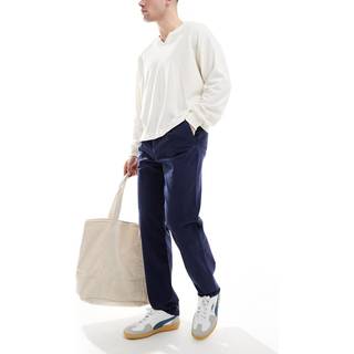Threadbare Threadbare Navy Cotton Straight Leg Pleated Chino Trousers With Stretch