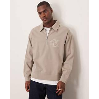 Double Rib Logo Zip Polo Shirt - Khaki - XL