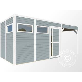 Redskabsskur Redskabsrum Haveskur i træ m/udhæng, Bertilo Cubus 3L, 5,58x2,34x2,32m, 7,65m²+5,15m², Grå