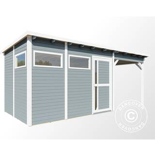 Redskabsskur Redskabsrum Haveskur i træ m/udhæng, Bertilo Pentus 3L, 5,58x2,34x2,33m, 7,65m²+5,15m², Grå