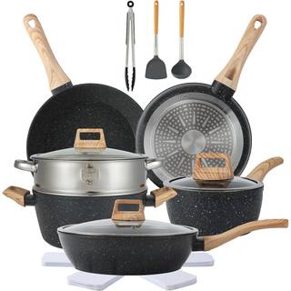 16st krukor och kokkärlsset non stick cookware set nonstick med matlagning (svarta 16pieces)
