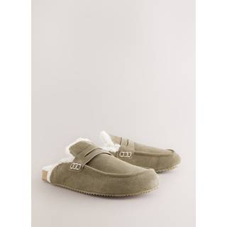 Next Khaki Green Suede Loafer Mule Slippers with Borg Lining
