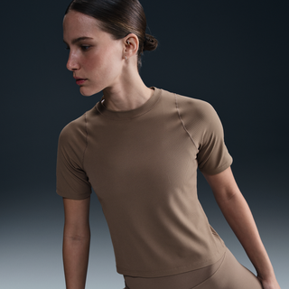 Kortærmet Nike Zenvy Dri-FIT-top i rib til kvinder - brun - L (EU 44-46)