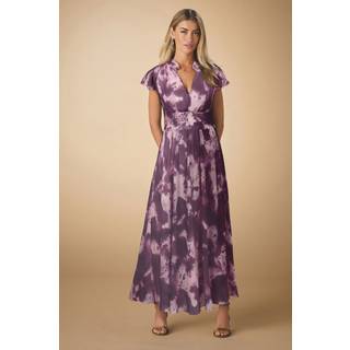 Next Pink/Purple Pleated Mesh Print V-Neck Occasion Midi Dress