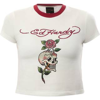Ed Hardy Skull Diamante Ringer T-Shirt, White - M