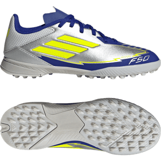 F50 League Messi Turf Kids støvler - Silver Metallic / Solar Yellow / Lucid Blue - 32