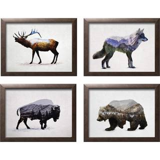 Rustik dobbelt eksponering Elk Bison Wolf og Bear Landscape Set; Cabin Lodge Decor; Fire 10x8in brune indrammede tryk; Klar til at h?nge!