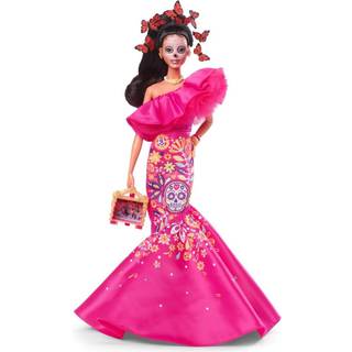 Barbie Signature Doll 2023 DIA DE MUERTOS Collectible Wearing Ruffled Pink kjole, der holder Tiny Ofrenda Doll Stand