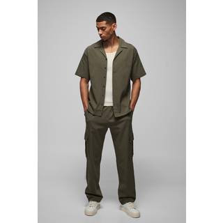 Mens Olive Oversized Revere Bengaline Shirt & Cargo Trouser Set