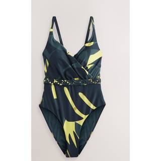 Next Navy/Lime Leaf Plaited Belt Tummy Control Plunge Wrap Swimsuit