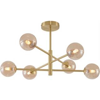 Moderne loftslampe messing med ravglas 6-lys - Ryan