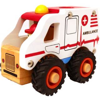 Ambulance i træ med gummihjul, tumling Dansk legetøj Magni