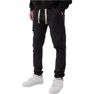 Mens Black Skinny Fit Elasticated Waist Cuffed Cargo Trousers