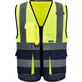 A-SAFETY Sikkerhedsvest med h?j synlighed med 4 refleksstrimler 7 lommer Yellow&Navy X-Small