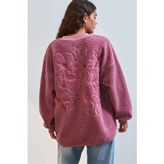 Next Blush Pink Floral Graphic Print Relaxed Fit Teddy Borg Fleece Cord Back Longline Crew Neck Sweatshirt