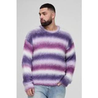 Mens Purple Plus Oversized Boxy Brushed Stripe Knitted Jumper
