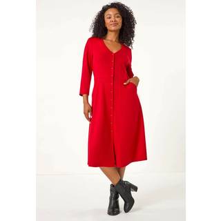 Roman Roman Red Petite V-Neck Button Detail Stretch Dress