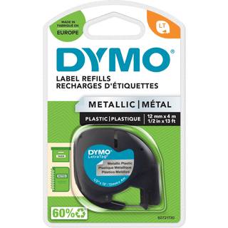 DYMO Letratag plastiktape | sort på metallic sølv | 12mm x 4m rulle
