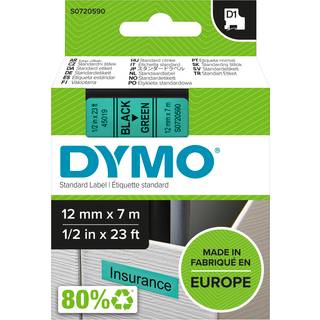 Dymo labeltape D1 12mm 45019 S0720590 sort på grøn