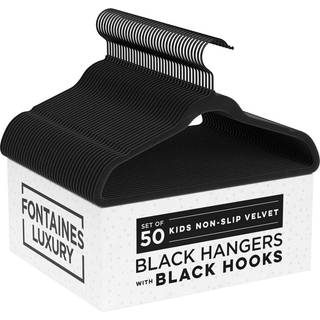 Fontaines Luxury Kid's Black Velvet følte ikke -slip tøjbøjler 50 pakke - Ultra Slim & Space Saving - Heavy Duty Swivel Black Hook til børnetøjsk