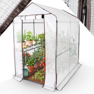 Arebos® foliedrivhus 120 x 186 x 19 cm | vejrbestandigt, UV-bestandigt | adgang med lynlås | faste hylder | transportabelt